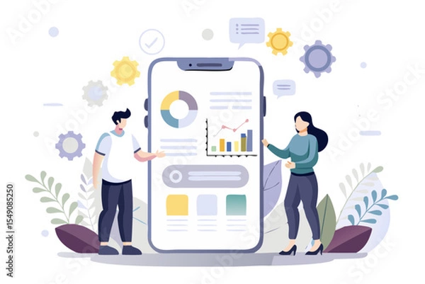 Fototapeta Data analysis on mobile phone with team for business development strategy
