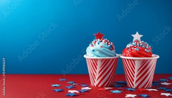 Obraz Fourth of july concept. Close-up of red, white and blue icecrams with sprinkles in pape cupson a red table on blue backgroud with copy space. Generated image