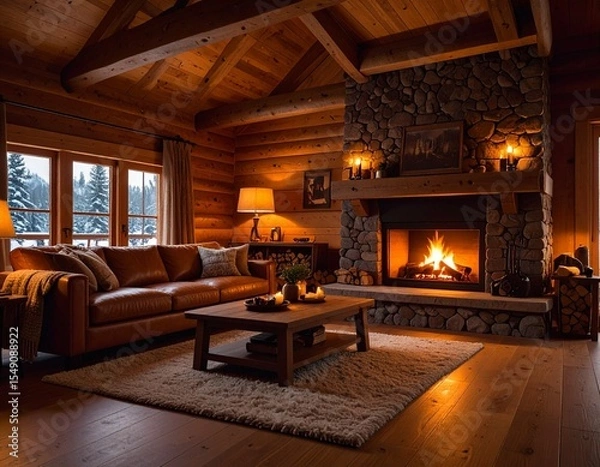 Obraz Warm and inviting rustic living room featuring a glowing fireplace, soft lighting, and comfortable seating, perfect for cozy autumn or winter evenings