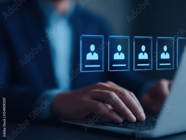 Fototapeta A person typing on a laptop with digital profile icons floating above, symbolizing online recruitment or human resources management.