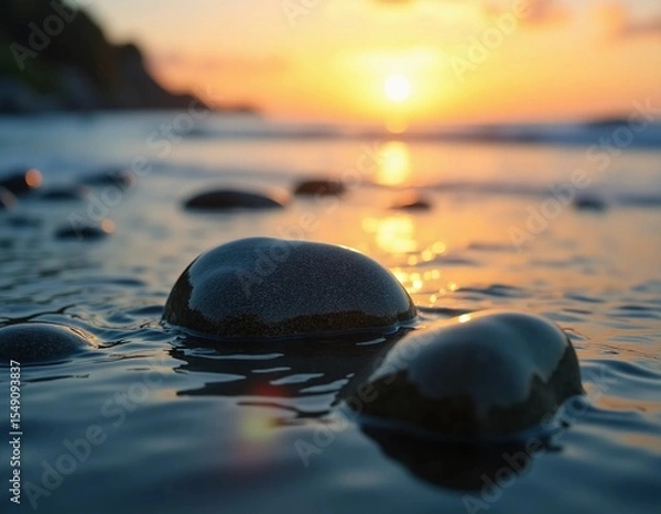 Fototapeta As dawn breaks, smooth stones emerge from gently lapping waves, reflecting the vibrant hues of sunrise while the ocean embraces the shore with grace Generative AI