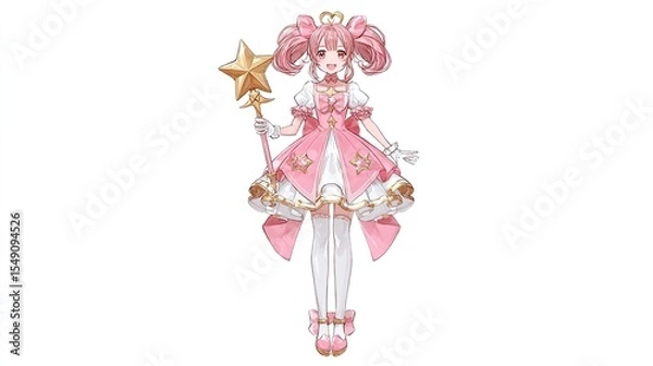 Fototapeta Anime girl in pink dress holds star wand on white background