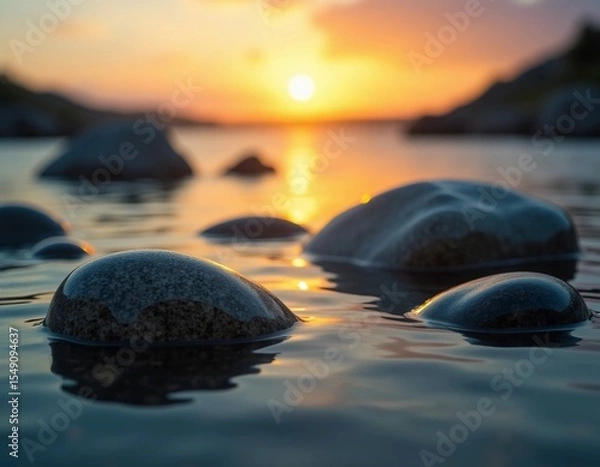 Fototapeta Gentle waves caress the polished stones as the sun rises, casting a warm light on the water. The atmosphere is peaceful, inviting serenity and reflection Generative AI