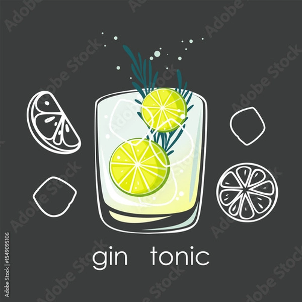 Fototapeta Gin and tonic cocktail with lime slices. Summer drink on dark background. Vector illustration