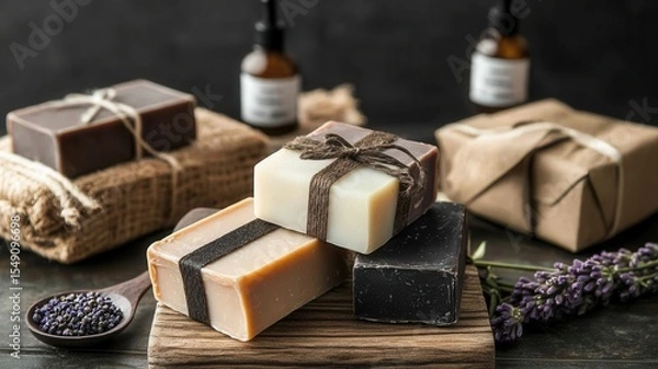 Fototapeta Four bars of organic soap, tied with twine, lie in a cardboard box, surrounded by natural ingredients, embodying eco conscious hygiene