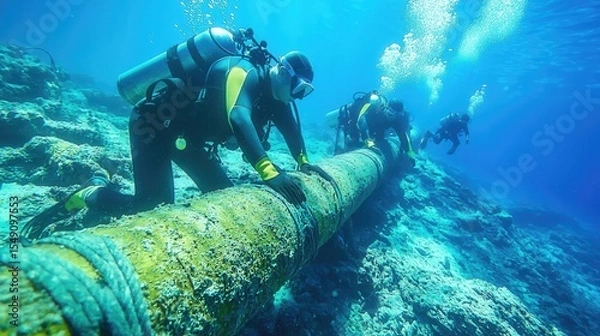 Fototapeta Commercial divers working on large pipeline on ocean floor, performing maintenance and inspection tasks in deep blue sea