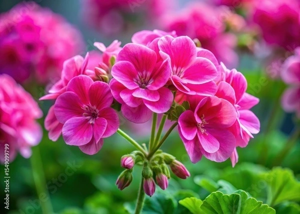 Fototapeta Vibrant pink geranium blooms form a lush and delicate inflorescence with intricate flower clusters and slender stems