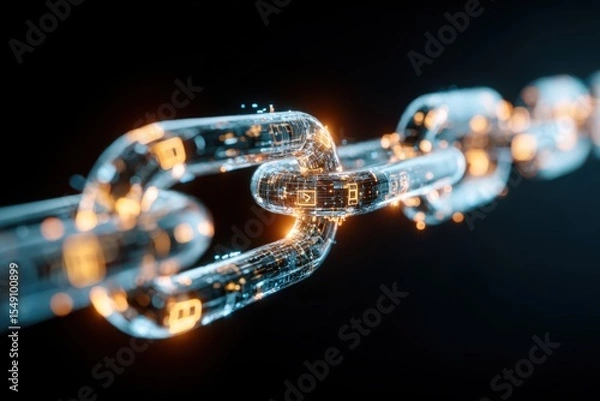 Fototapeta Close-up of a glowing digital blockchain chain representation symbolizing technology
