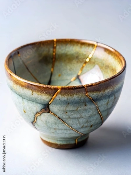 Fototapeta Hand-painted ceramic raku bowl with visible seams and repaired cracks using traditional kintsugi technique