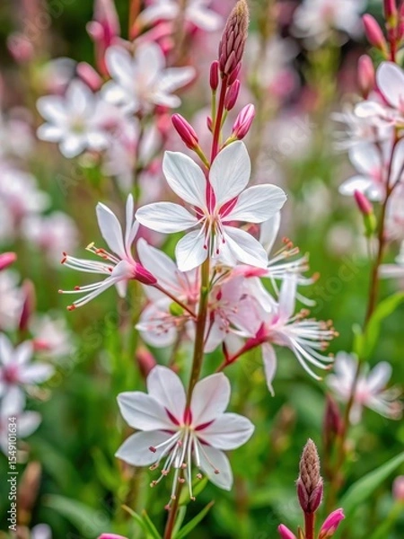 Fototapeta Close-up of delicate white blooms and green stems of Gaura lindheimeri 'Siskiyou Pink' blooming in a lush garden setting