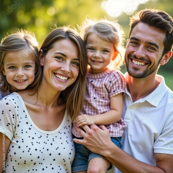 Fototapeta In a beautiful park bathed in warm sunlight, a happy family of four shares joyful smiles. The parents are embracing their two daughters, creating a moment of love and togetherness Generative AI