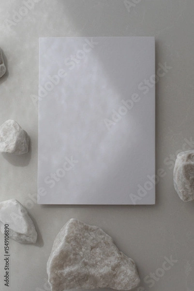 Fototapeta Empty card with white decorated stones and sunlight shadows on neutral background. Aesthetic composition for minimalistic template in flat lay style.