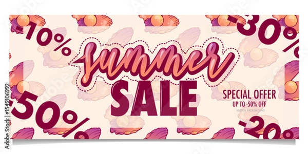 Fototapeta vector banner template for sale with hand drawn and open sea shell with pearl, handwritten text in yellow and pink tones