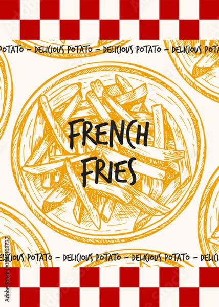 Obraz French fries poster design with sketch drawing illustrations. Potato chips, fried potato slices drawin in engraving style. Fast food hand drawn vector clipart isolated