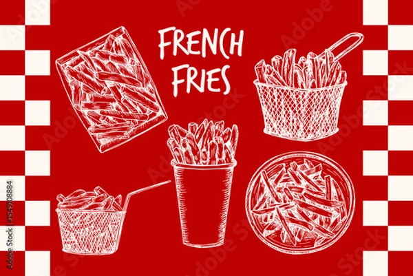 Obraz French fries, potato chips, fried slices sketch drawing illustration set. Outline drawing in engraving style, fast food hand-drawn vector clipart isolated