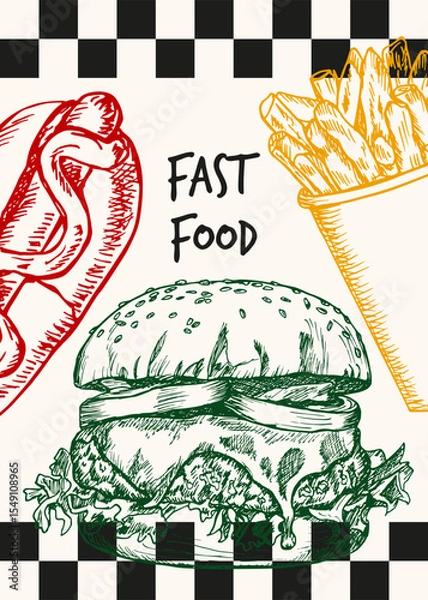 Obraz Fast food poster design. Hand drawn sketch illustrations with typography text. Hot dog, burger, french fries in engraving style, outline vector clipart isolated