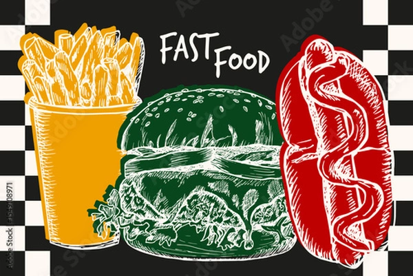 Obraz Fast food poster design with sketch illustrations and typography text. Hot dog, burger, french fries in engraving style, outline vector hand drawn clipart isolated