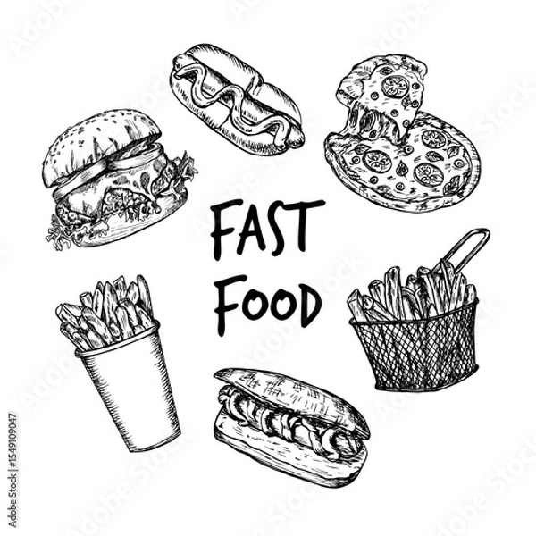 Obraz Fast food outline sketch illustration collection. Hot dog, burger, french fries, pizza in engraving style, hand drawn vector clipart isolated on white background