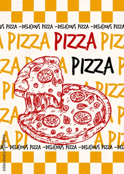 Obraz Poster design - slice of pizza with melting cheese.  Sketch outline drawing illustration in engraving style, fast food hand drawn vector clipart isolated