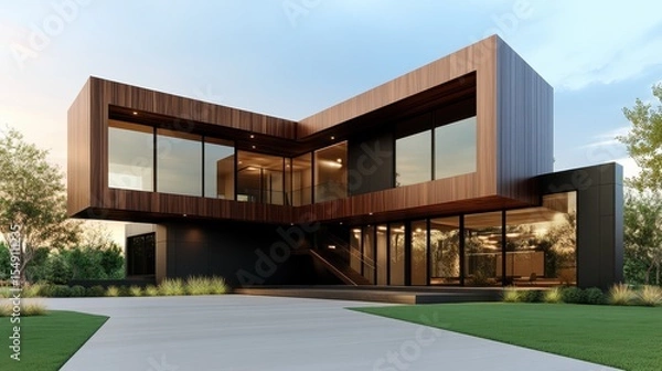 Fototapeta A striking modern house featuring a sleek wooden exterior, large glass windows, and minimalist design, representing contemporary architecture and a stylish lifestyle aesthetic.
