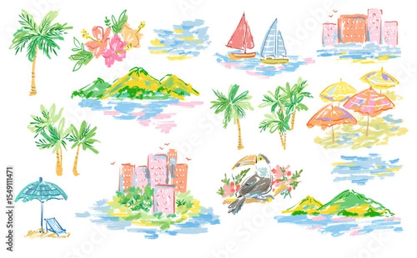 Obraz Hand-drawn pastel-themed summer clipart set. A hand-sketched resort illustrations with islands, the ocean, yachts, palm trees, beach umbrellas, hibiscus flowers, tropical buildings, and toucans.