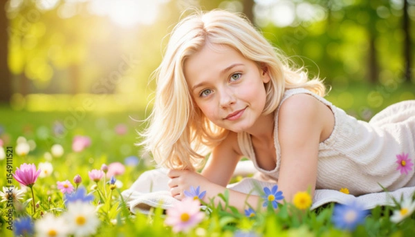 Fototapeta Young girl lying on grass surrounded by colorful flowers in spring  