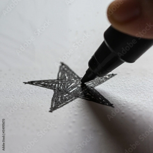 Fototapeta Hand drawing a star with a black marker on textured paper  