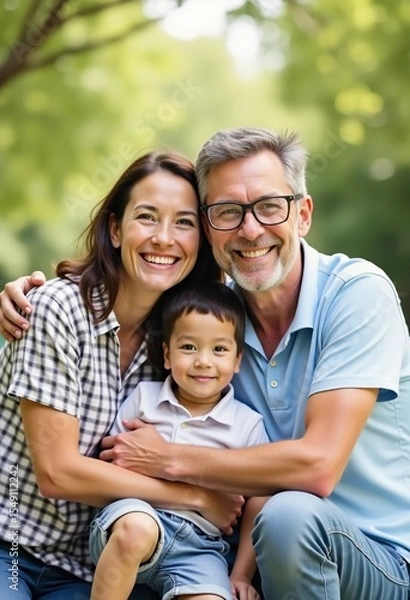 Fototapeta Smiling grandparents embrace their happy grandson in the park, surrounded by lush greenery, creating timeless memories on a bright day filled with laughter and love Generative AI