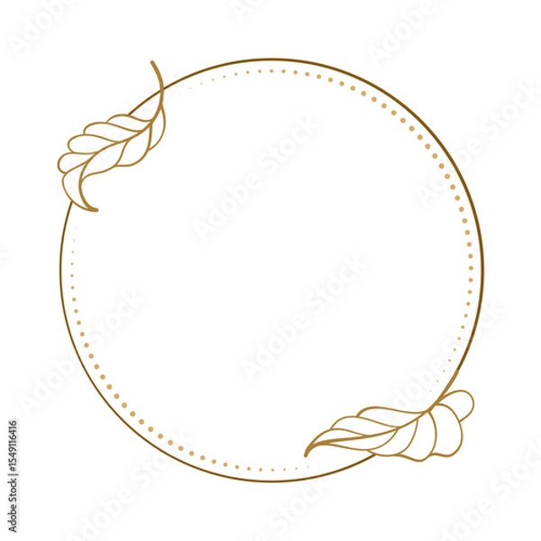 Fototapeta Minimalist leaf circle frame with curved autumn leaves hand-drawn monoline element for digital planning and elegant branding
