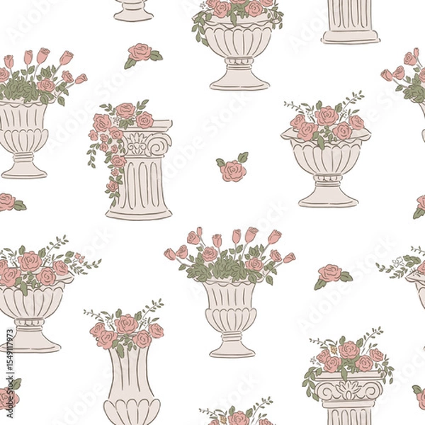 Obraz Seamless pattern hand drawn style vector illustration for occasions, wedding and events of floral columns and pot