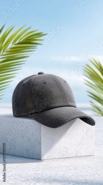 Obraz Black and White Textured Baseball Cap on Grey Platform Against Tropical Background
