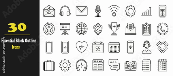 Fototapeta Essential Black Vector Icons Set – Office, Technology, Ecommerce, Travel Elements