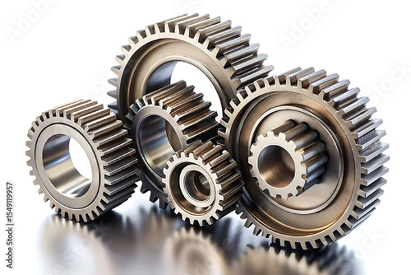 Fototapeta Interlocking Metal Gears isolated on white background. showcasing mechanical precision and industrial engineering
