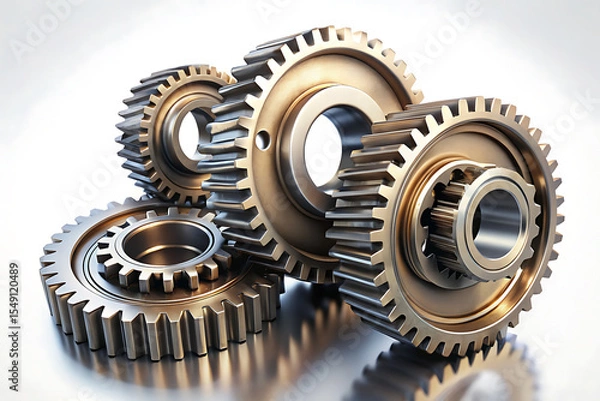 Fototapeta Interlocking Metal Gears isolated on white background. showcasing mechanical precision and industrial engineering