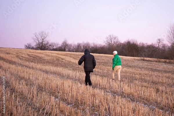 Fototapeta Couple enjoys a winter walk through a quiet field at dusk, surrounded by bare trees and frosty grass under a pastel sky