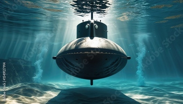 Obraz Gliding submarine hull and conning tower over underwater seafloor with periscope housing and rocks