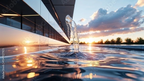 Obraz Rising curved fountain jet creating ripples across rooftop infinity pool, mirrored glass facade