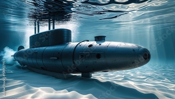 Obraz Gliding submarine hull above sandy seabed, with conning tower and periscope tubes