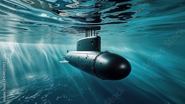 Obraz Gliding naval submarine navigating ocean, with conning tower, periscopes and control planes on hull
