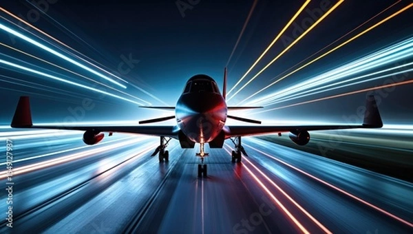 Obraz Sitting single-engine fighter aircraft on reflective runway at night, with neon light streaks