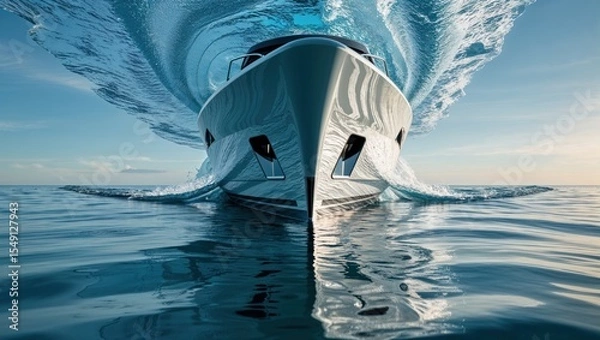 Obraz Speeding luxury yacht cutting across calm open ocean water, with mirrored bow spray symmetry