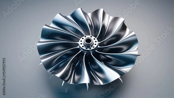 Obraz Displaying turbine fan showing curved blades and hub with mounting holes, on smooth grey surface