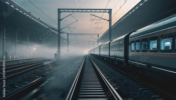 Obraz Waiting passenger train idling on platform at dawn, with fog, steel tracks and gantries, copy space