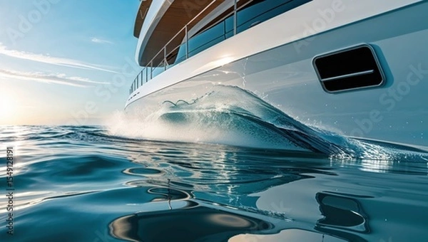 Obraz Yacht hull cutting through water at sea, creating splashing waves with railing and port window