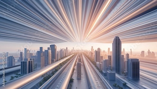 Obraz Extending metal corridors converging toward horizon at futuristic hub, with skyscrapers, greenery