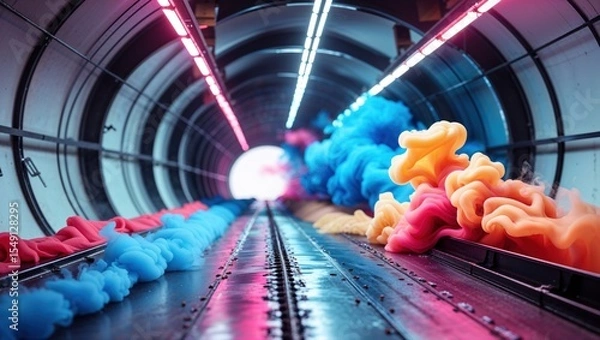 Obraz Drifting colorful smoke plumes flowing along tracks inside neon lit tunnel, toward glowing portal