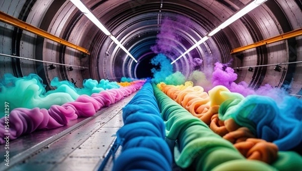 Fototapeta Flowing twisted colorful fabric streams converging inside metal tunnel, with overhead lights