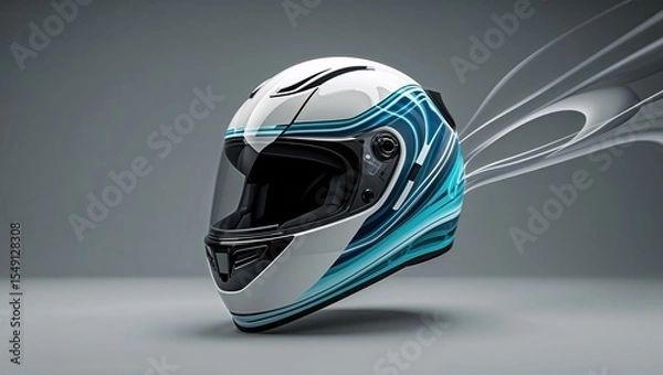 Obraz Floating full-face motorcycle helmet showcasing teal stripes in studio, with tinted visor