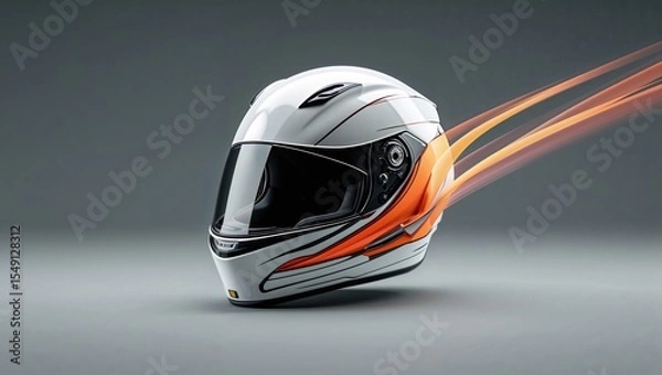 Obraz Showcasing white full-face motorcycle helmet featuring orange stripes in studio, with clear visor