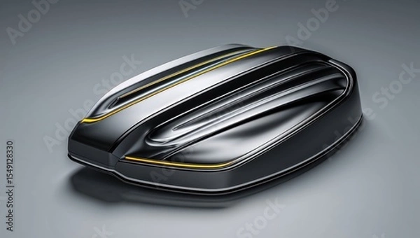 Obraz Displaying futuristic black container resting on tabletop, with aerodynamic ridges and yellow lines